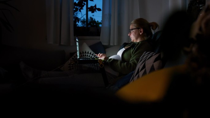 孕妇晚上在客厅用笔记本电脑