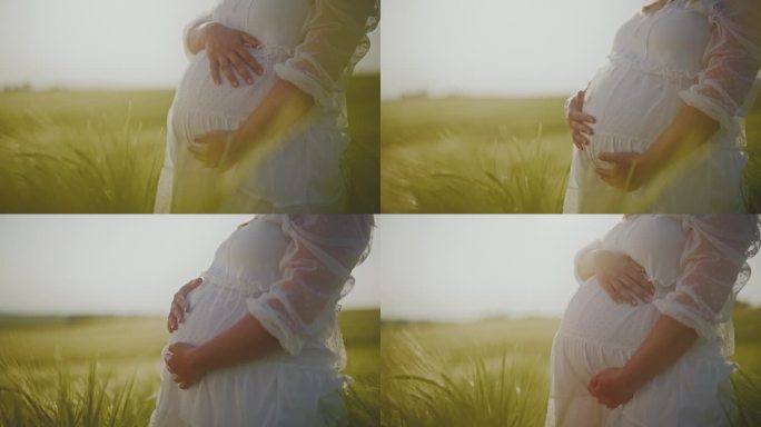 在阳光明媚的麦田里，身着白色连衣裙的孕妇特写