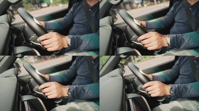 交通个人交通公路旅行和从车内高速行驶时双手放在方向盘上。