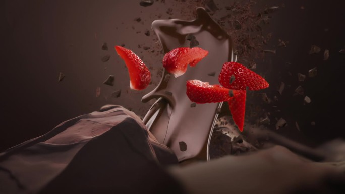 巧克力火山的超级慢动作喷发。撒巧克力片和草莓片