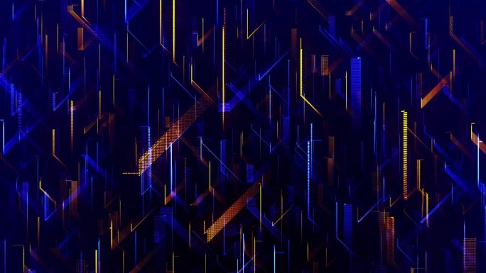 4K霓虹背景的数字蓝橙元素与粒子和数字数据连接