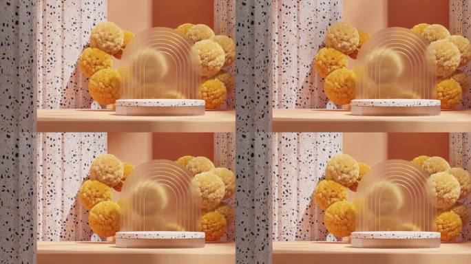 黄色含羞草，墙和支柱在3d渲染镜头的空模型玻璃和水磨石讲台无缝阴影动画循环