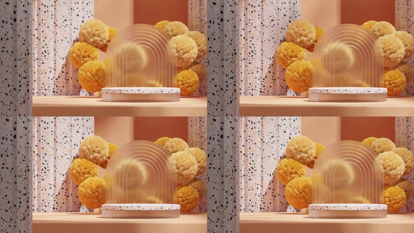 黄色含羞草，墙和支柱在3d渲染镜头的空模型玻璃和水磨石讲台无缝阴影动画循环