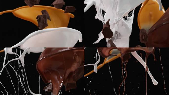 超级慢动作，巧克力焦糖和牛奶滴飞溅，巧克力块从顶部掉下来