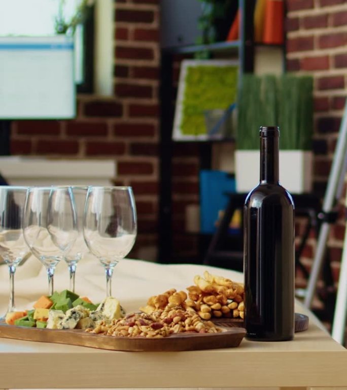 垂直视频平移拍摄的空舒适的公寓客厅与开胃菜拼盘和酒瓶在桌子上