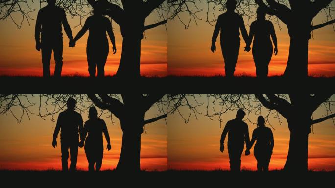 日出时，一对情侣手拉手在树下散步