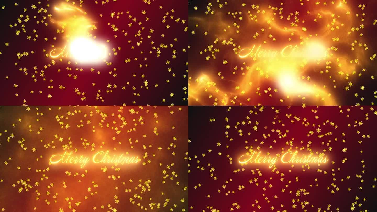圣诞快乐的问候文字和金色的粒子，而发光的金色雪花从上到下落在红色的渐变背景。运动图形。抽象的背景。
