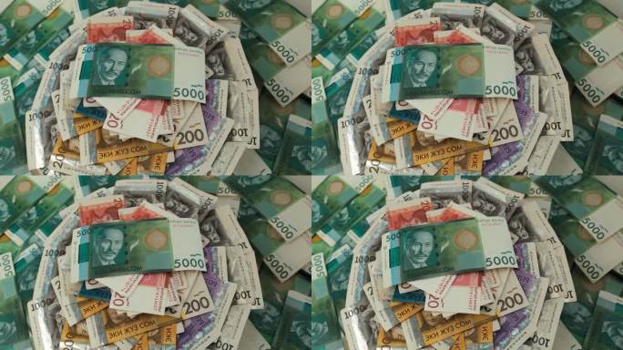5000张，1000张，200张，20张吉尔吉斯纸币在桌子上呈扇形分布。