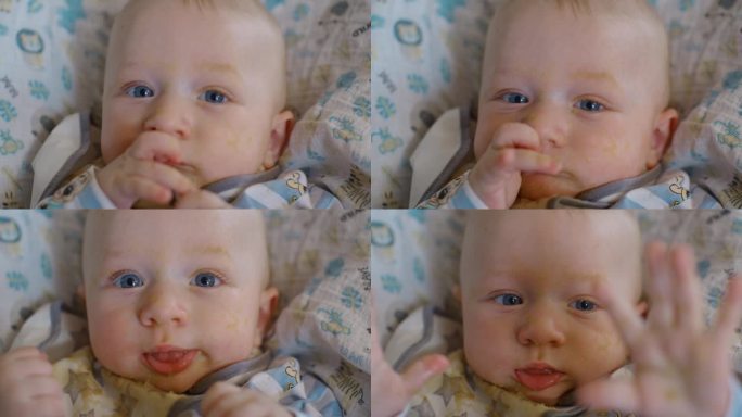 正上方的手持照片显示，脸上凌乱的男婴在家里吮吸保镖的拇指