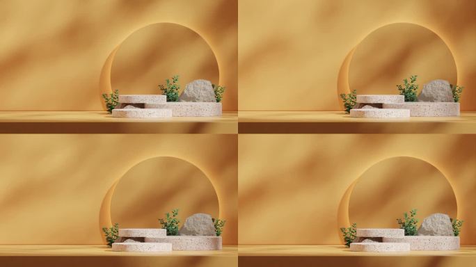 圆柱体水磨石平台无缝循环阴影动画与背光黄圈背景，渲染3d画面空场景