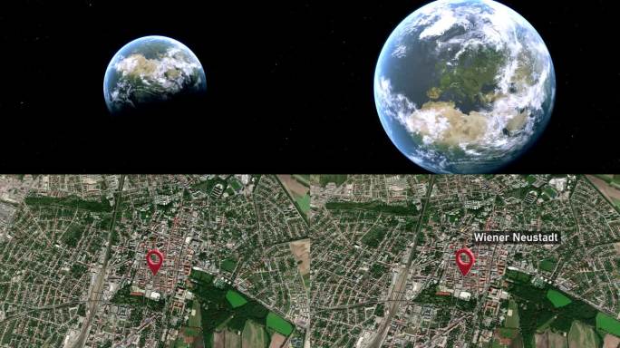 维也纳新城地图从太空到地球的缩放，奥地利