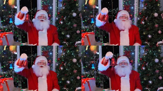 帅气的圣诞老人随着旋律的节拍摇着头，摇着红色的圣诞钟