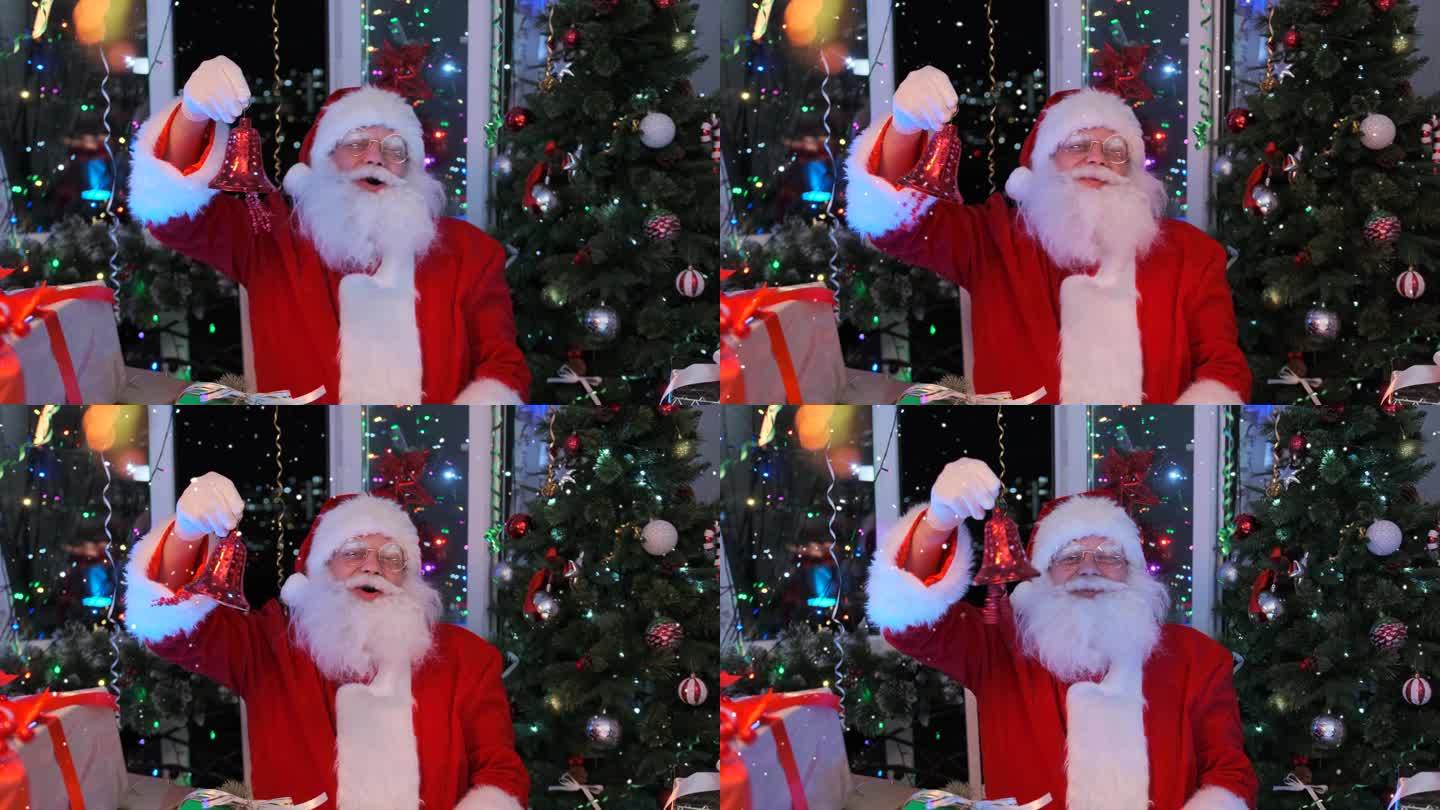 帅气的圣诞老人随着旋律的节拍摇着头，摇着红色的圣诞钟