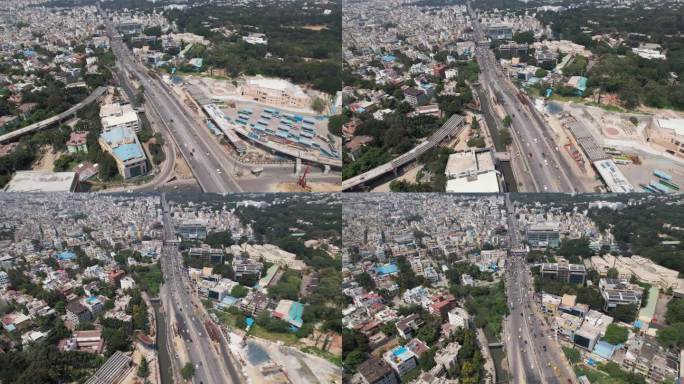 印度班加罗尔的一个路口，中央丝绸板路口交通拥挤的航拍画面。位于中央丝绸局办公大楼附近的BTM布局在霍