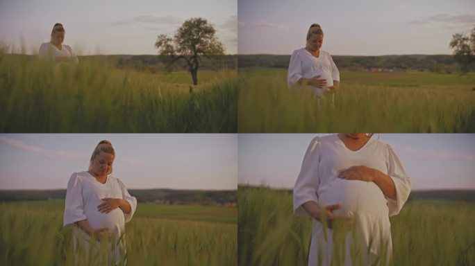 孕妇站在农村绿色的麦田里