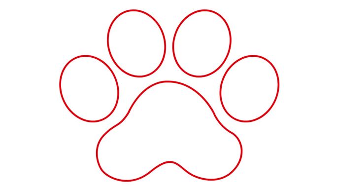 动画线性猫的红色足迹。一个猫爪印出现了。毛圈的视频。矢量插图隔离在白色背景上