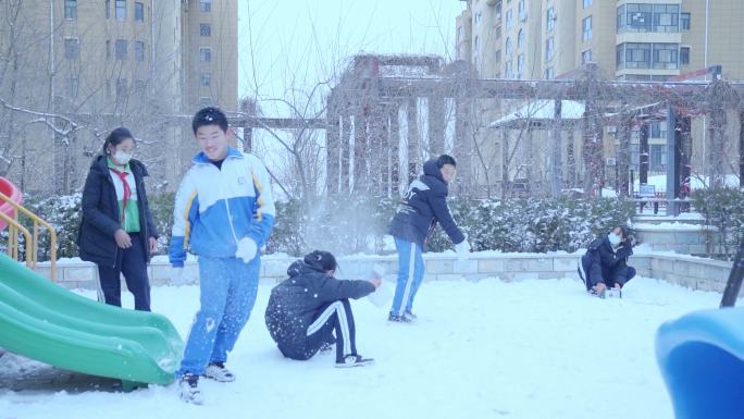 孩子们一起玩耍打雪仗