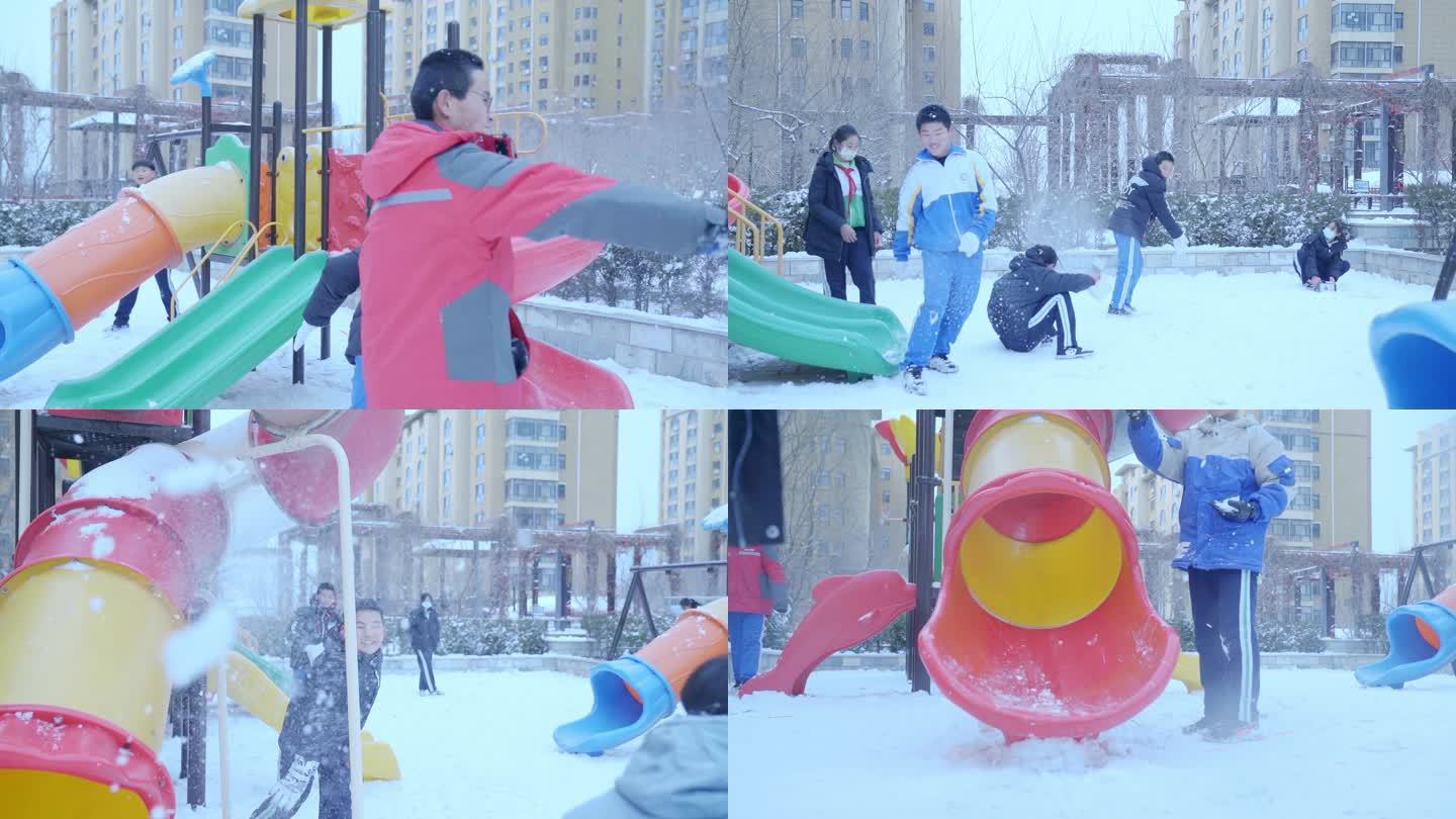 孩子们一起玩耍打雪仗