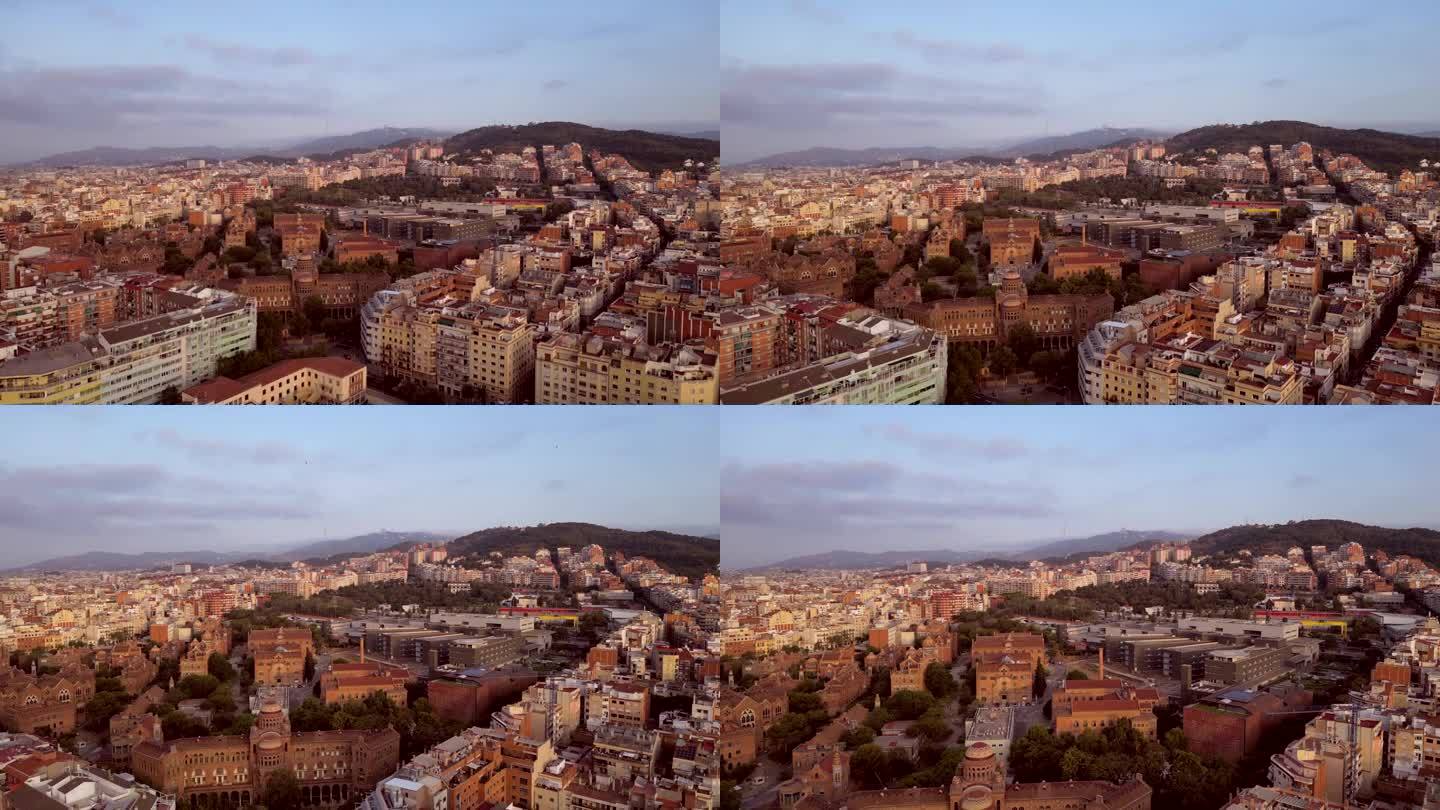 一架无人机拍摄的巴塞罗那首都现代和古老的建筑。
