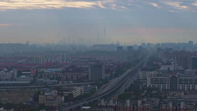 航拍上海城市交通南北高架车流纵横交错