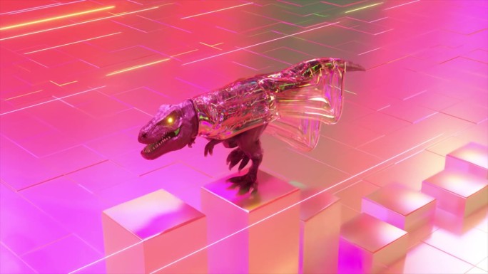 一只穿着透明雨衣的粉色恐龙沿着向上生长的瓷砖行走。珍珠般的。3d动画无缝循环