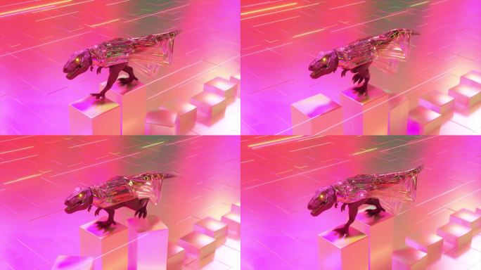 一只穿着透明雨衣的粉色恐龙沿着向上生长的瓷砖行走。珍珠般的。3d动画无缝循环