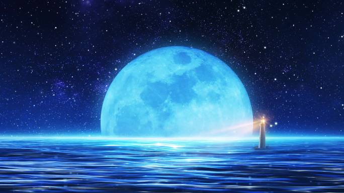 唯美梦幻星空海面灯塔月亮