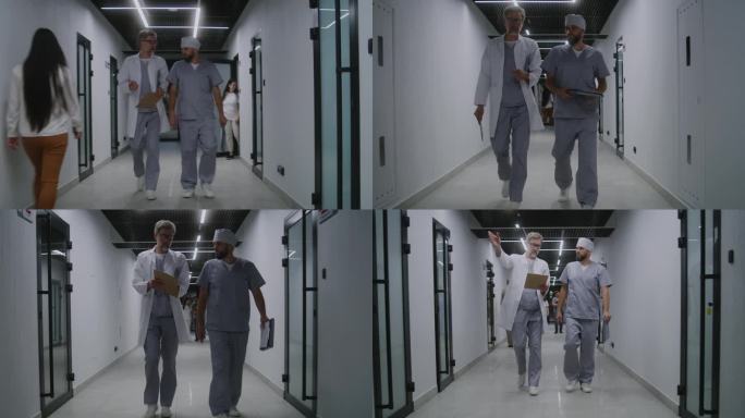 医生和同事走在诊所走廊上，讨论医学检查结果