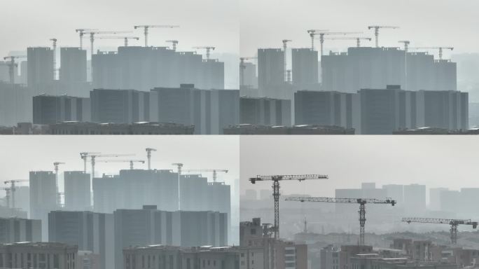 高楼大厦建筑塔吊工地施工建筑雾霾天