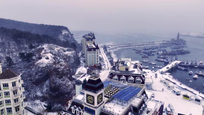 航拍暴风雪欧式建筑海港码头街头素材