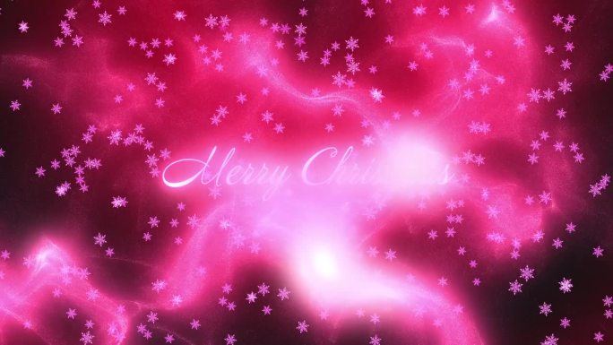圣诞快乐问候文字与粉红色的粒子，而发光的粉红色雪花从上到下落在红色梯度背景。运动图形。