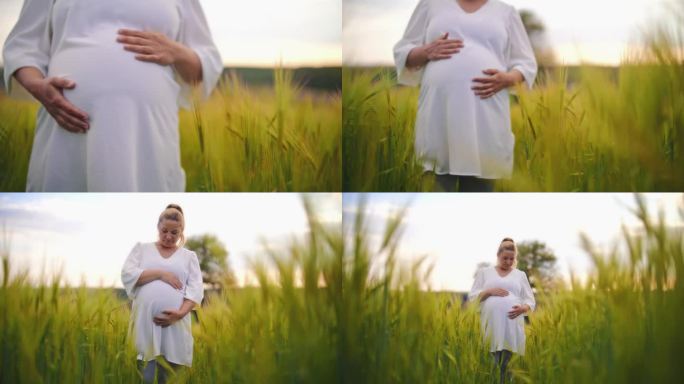 近距离拍摄农村麦田里抱着肚子的孕妇