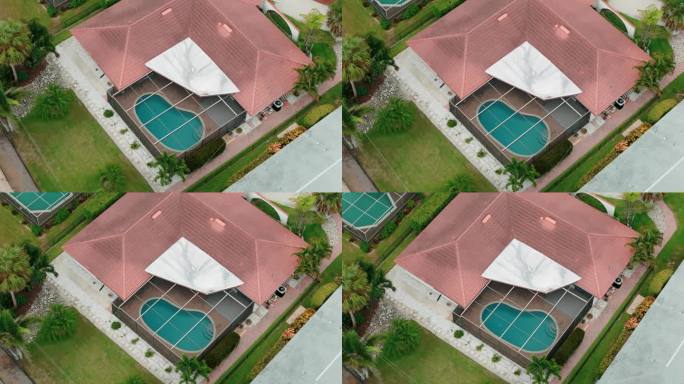 鸟瞰图上的游泳池和阳台在佛罗里达的房子