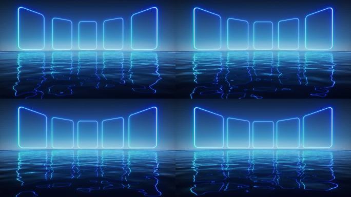 水面上的霓虹灯光线条3D渲染