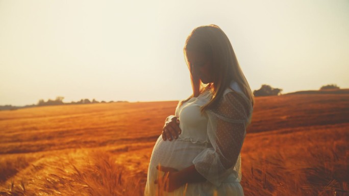 安详的孕妇站在阳光明媚、田园诗般的金色麦田里
