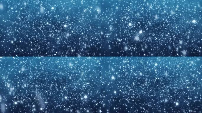 蓝色背景上的飞雪。4K动态图形。降雪叠加，背景-冬季，缓慢降雪的效果。抽象粒子背景。无缝循环。动画冬