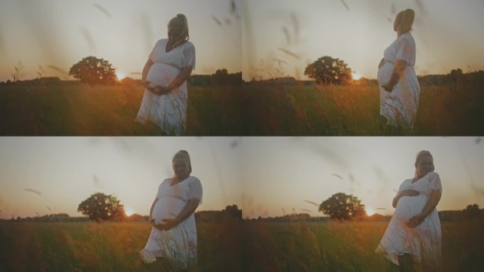 日出时，身穿白色连衣裙的孕妇站在田园诗般的田野里