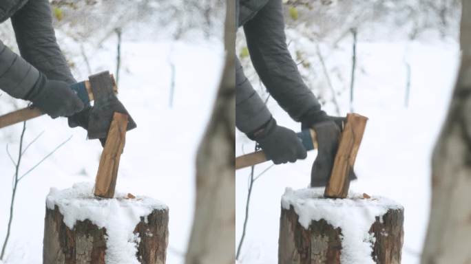 在冬天下雪的环境中，一个面目全非的人在砍柴