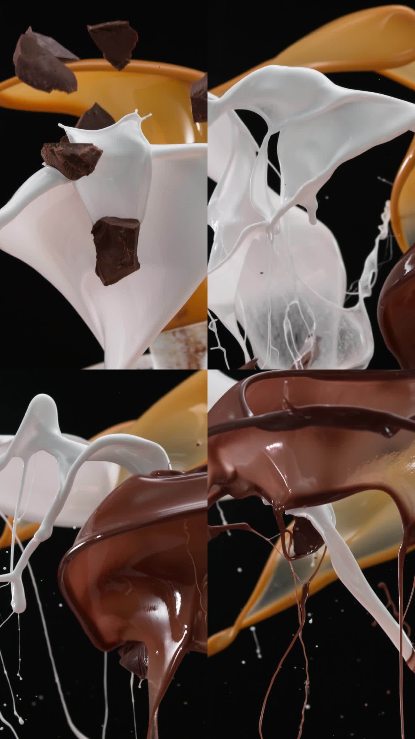 超级慢动作，巧克力焦糖和牛奶滴混合，巧克力块落下