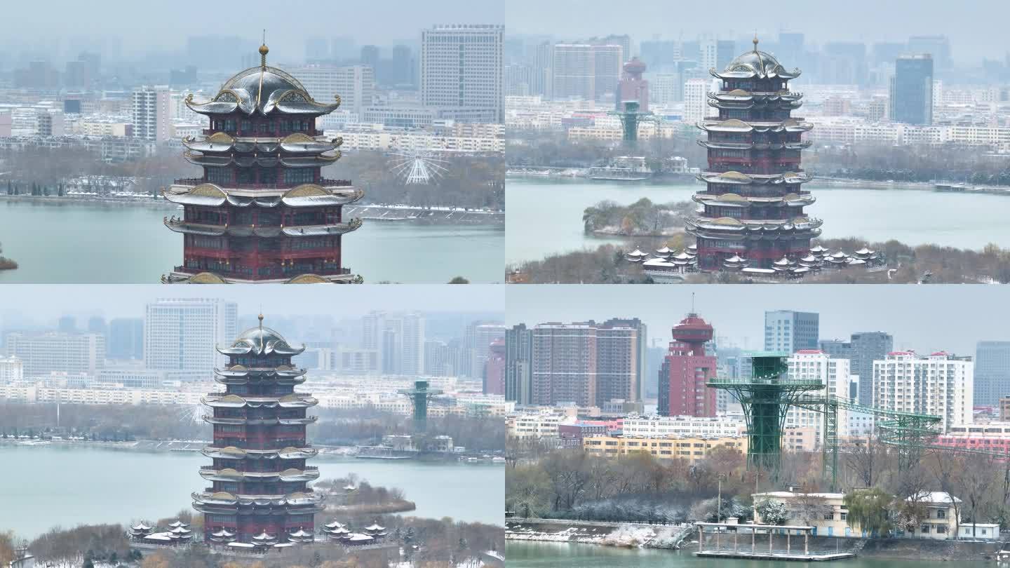 【4K】滨州黄河楼雪景航拍-长焦