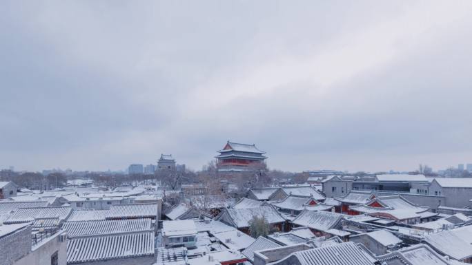 实拍2023年北京初雪后海钟鼓楼雪景