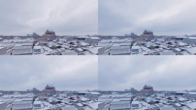 实拍2023年北京初雪后海钟鼓楼雪景