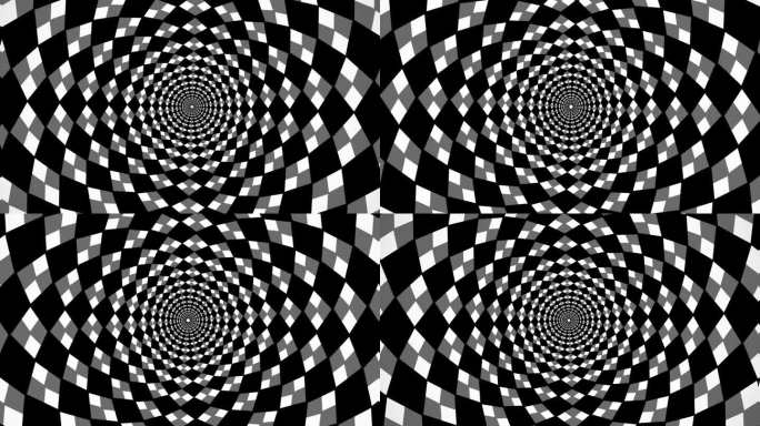 圆形隧道菱形象棋黑白旋转，棋盘三维动画，光学错觉循环镜头在水的涟漪效果，抽象背景为vj, dj，模板