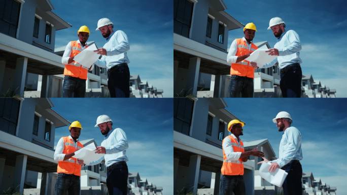 非洲黑人土木工程师与项目投资方检查房屋施工现场进度特写，进展顺利。
