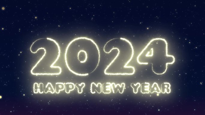 在深蓝色的背景上，发光的数字2023出现了，并随着新年的快乐变成了2024，在深蓝色的背景上，黄色颗