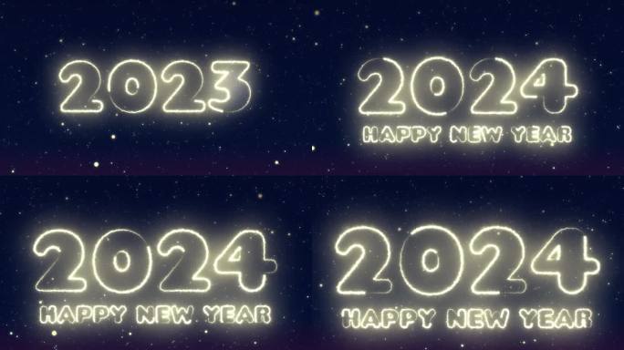 在深蓝色的背景上，发光的数字2023出现了，并随着新年的快乐变成了2024，在深蓝色的背景上，黄色颗