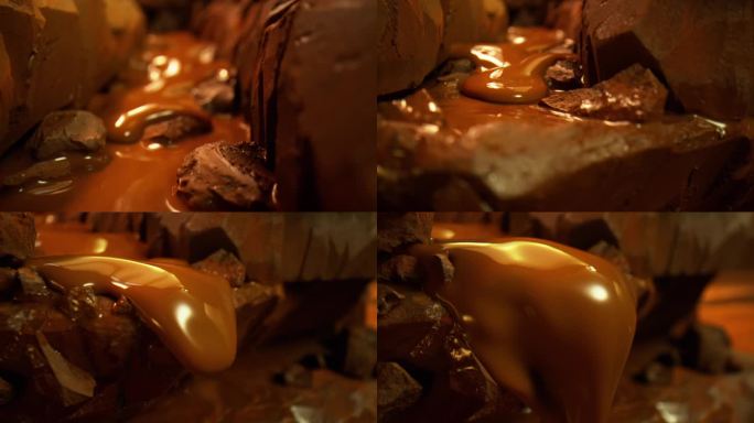 巧克力的峡谷。液体巧克力河像瀑布一样流过巧克力山