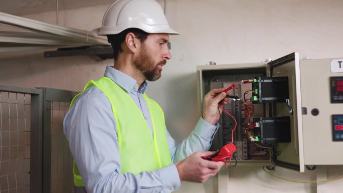 电工使用电气测试仪检查变电站配电盘的功能。技术员检查工厂技术区域内传输线上的电压。