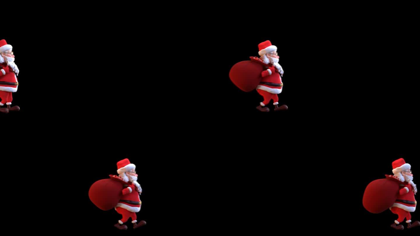 无缝循环动画卡通圣诞老人与圣诞礼盒袋走在屏幕上。3d动画与alpha通道