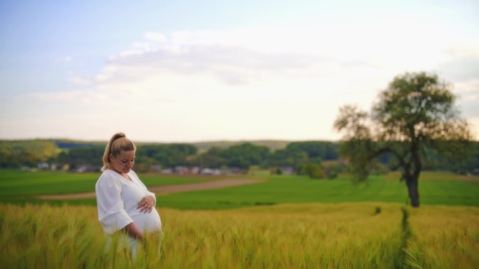 身着白色连衣裙的孕妇站在春天的田野里
